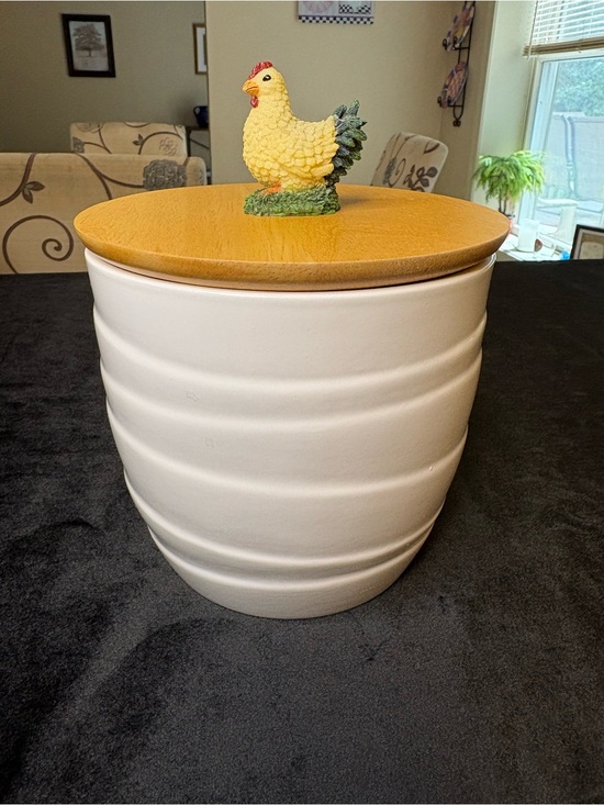 Other - Ceramic White Kitchen Canister with Wooden Lid and Yellow Hen Knob